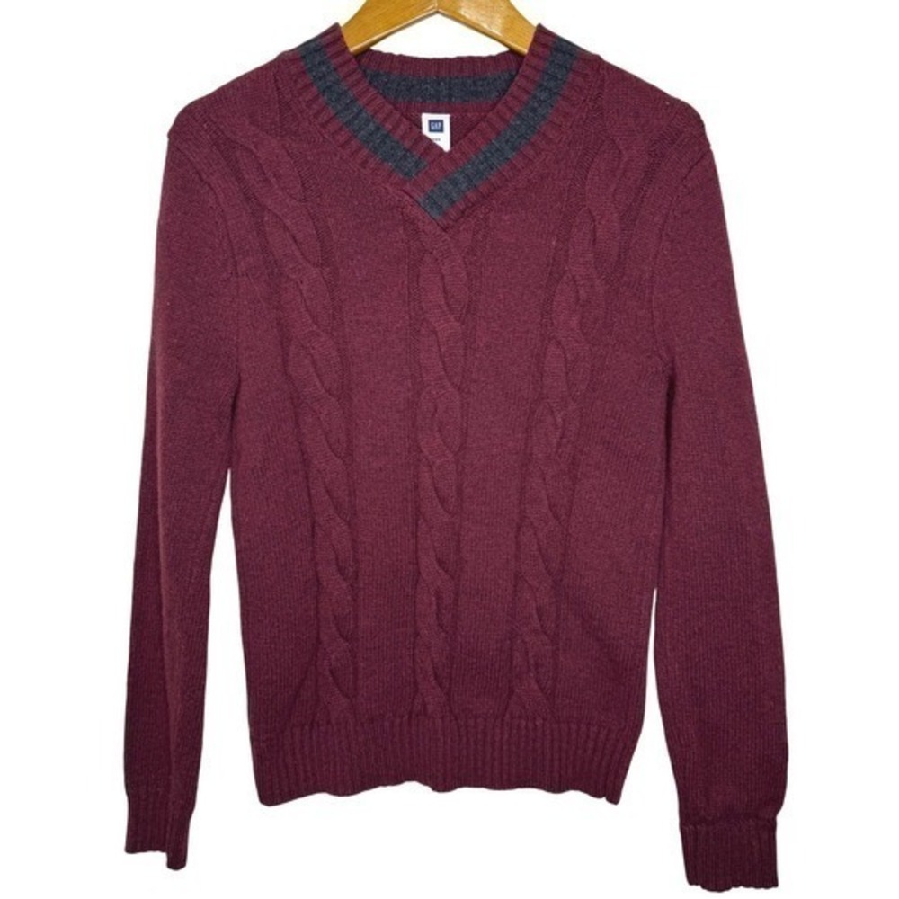 Gap V Neck Sweater Mens‎ Small Maroon/Gray Cable Knit, Tennis, Collegiate